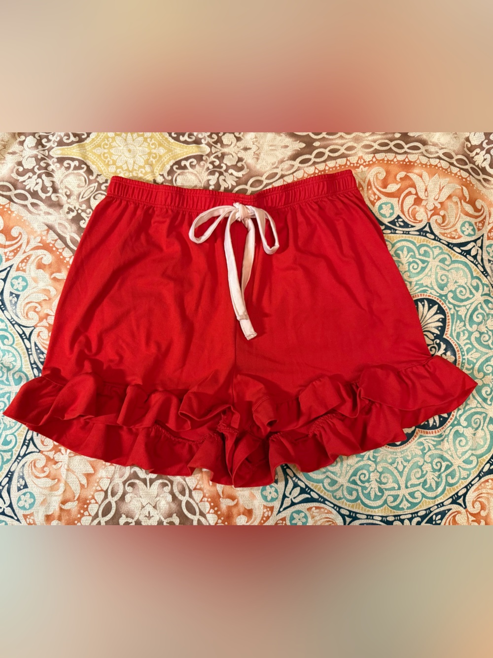 Red Ruffle Hem Drawstring Pajama Shorts